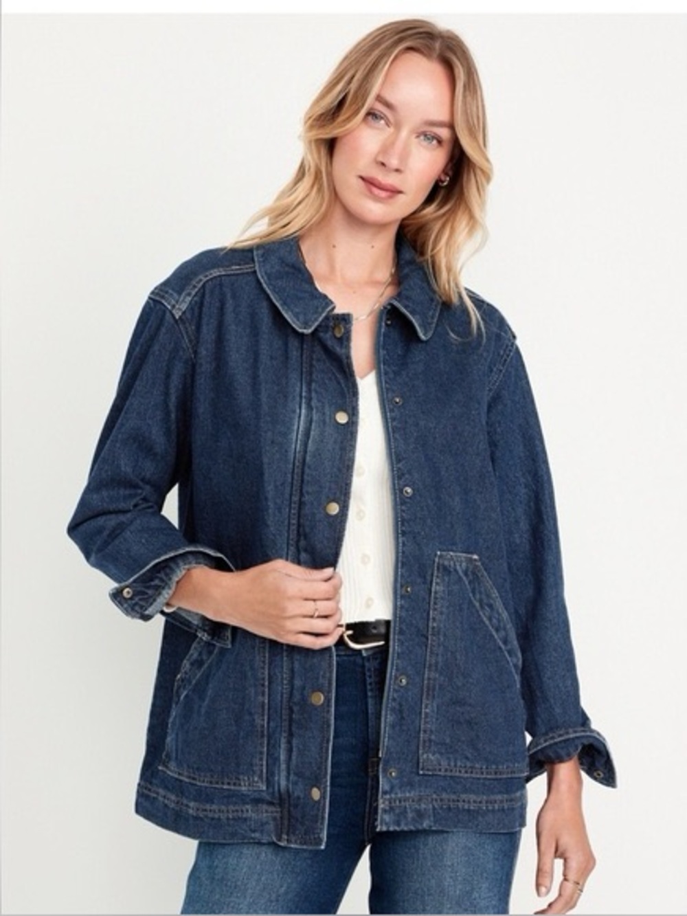 Old navy zip snap button denim barn chore jacket coat size small dark wash
